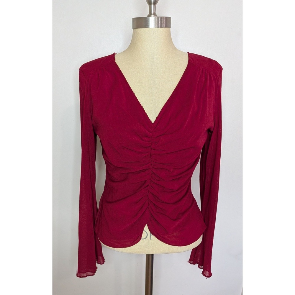 VTG Y2K Women Size M ICE Top 3/4 Sleeve Red Semi Sheer Fairy Whimsigoth Ruched